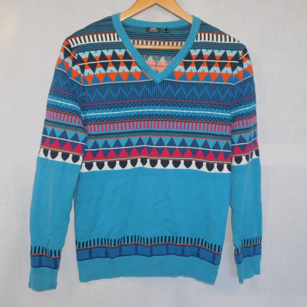 MEXX Metropolitan Slim Fit Blue Southwest Fair Isle Sweater V neck Mens L